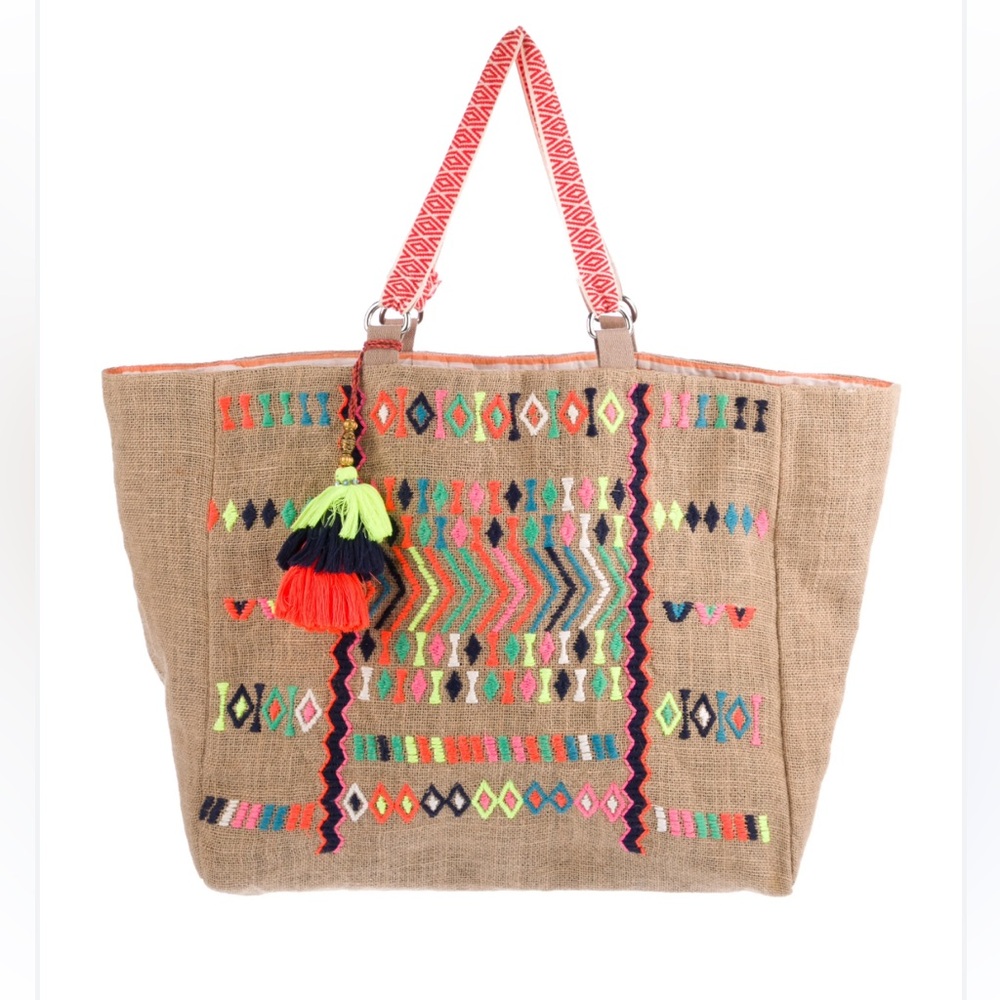 Ramy Brook Embroidered Jute Tote Bag Tassel Boho Beach Market Bag